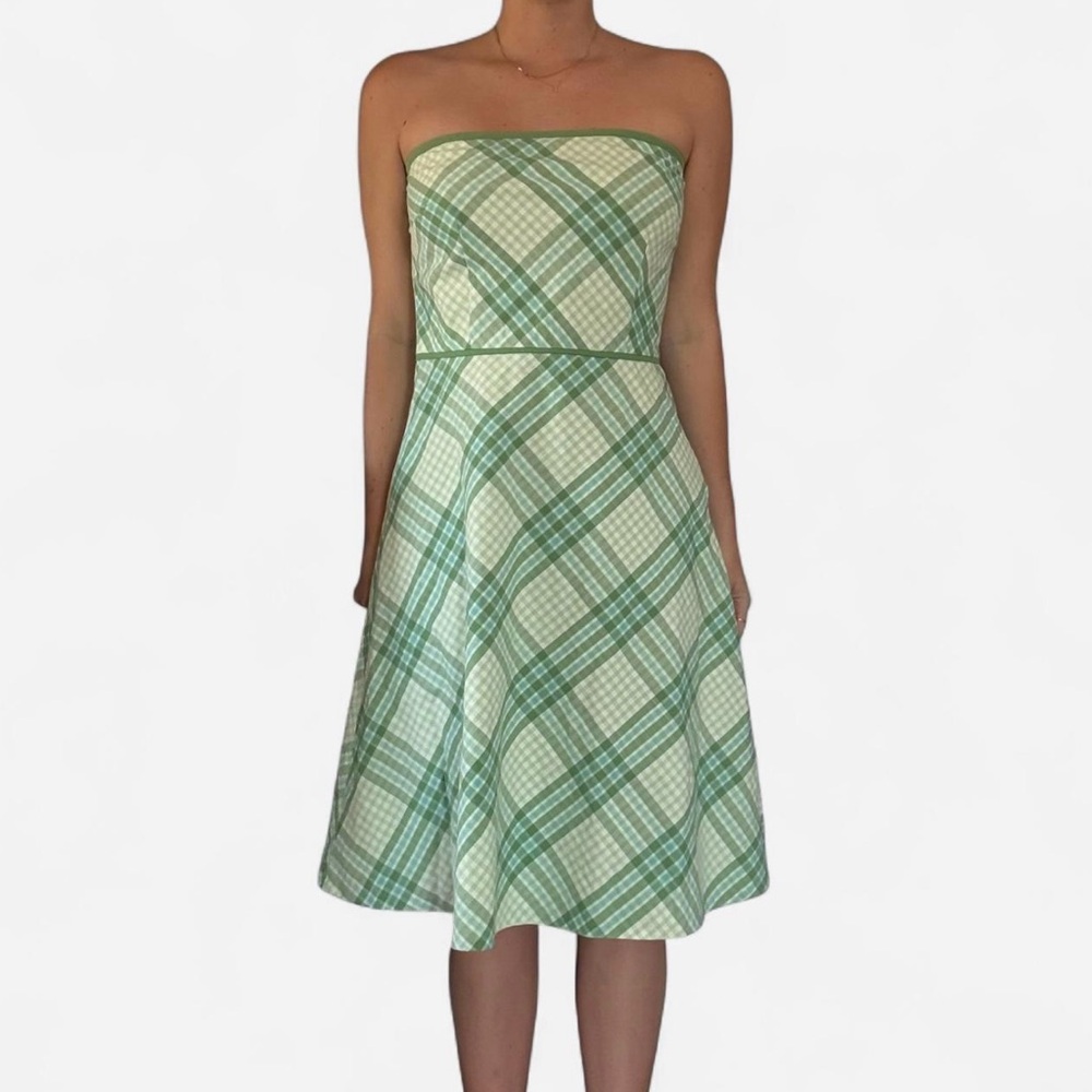 LOFT Green and White Strapless A-line Dress 0P Plaid